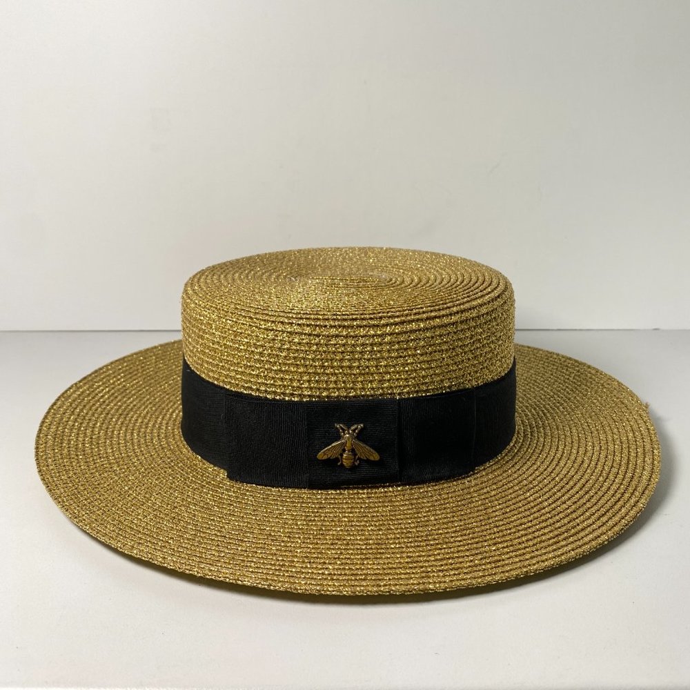 Gucci Girls Kids S Gold Bee Embellished Lame Metallic Straw Hat Black Ribbon